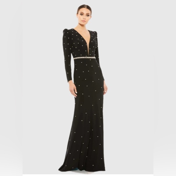 Mac Duggal Dresses & Skirts - NEW Mac Duggal 67874 Black Jewel Encrusted Plunge Neck Long Sleeve Gown size 16